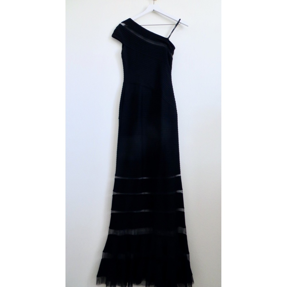 Tadashi Shoji One Shoulder Pintuck Jersey Mermaid Maxi Gown Dress Black SZ S - Picture 8 of 11